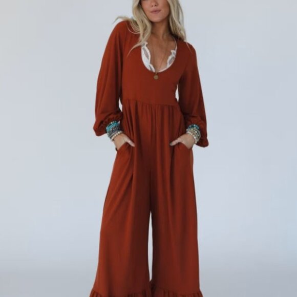 Three Bird Nest Pants - Three Bird Nest Best Intentions Long Sleeve Wide Leg Jumpsuit